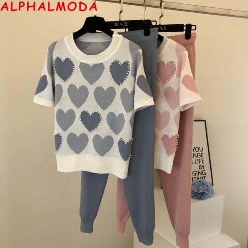ALPHALMODA Beaded Heart Shape Short-sleeved Sweater + Pants Women Sweet 2pcs Suit Ladies Summer New Fashion Clothing Set