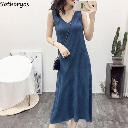 Dress Women V-neck Ice-silk Solid Trendy Thin Knitted Oversize Loose Korean Style Chic Womens Spaghetti Strap Simple All-match