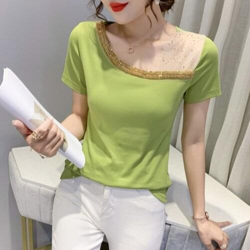 #6128 Black White Red Green Summer Short Sleeve T Shirt Women Skew Collar Sexy Skinny T Shirt Spliced Gauze Womens Tee Shirts