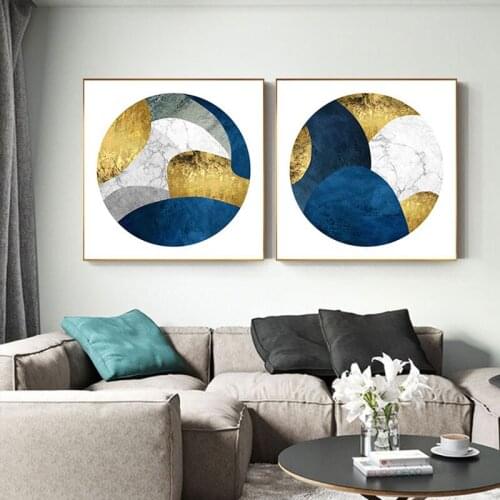 Abstract Painting Blue Golden Block Canvas Painting Tableau Quadro Posters Foil Luxury Wall Art for Living Room HD Tableau Salon