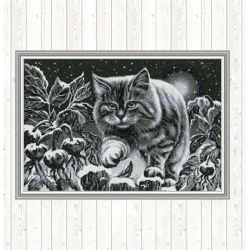 Black Cat on Snowy Night Painting DMC Counted Cross Stitch Embroidery Kit for Needlework 14ct Gifts Print on Canvas DIY Handmade