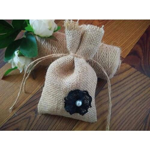 Drawstring Jute Bag with Lace and sunflower wedding candy gifts bags birthday gift bags wholesale 50pcs/lot free shipping