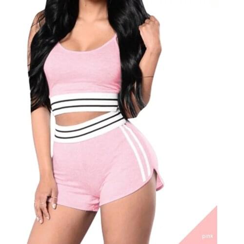 Hitmebox Women Sleeveless Spaghetti strap striped splicing sport suits ladies tank camisole crop top hot shorts actives set 2pc