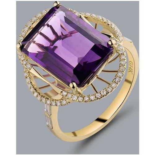 Natural Amethyst Ring Emerald Cut 10x14mm Solid 14Kt Yellow Gold Baguette Diamond Purple Amethyst Engagement Rings For Sale