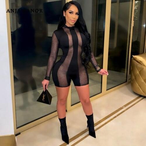 ANJAMANOR Black Mesh Patchwork Long Sleeve Bodycon Rompers Womens Jumpsuit Clubwear Transparent One Piece Outfits D7-CB18