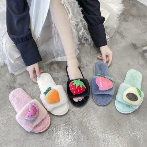 Winter Women Fruit Strawberry Slippers Warm Plush Peach Soft Sole Ladies Shoes Bedroom Slip on Fur Slides Home Indoor MTX108