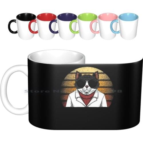 Cat Fashion Sunset Retro Ceramic Mugs Coffee Cups Milk Tea Mug Vintage Retro Fashion Cat Sunset Cute Cool Animal Funny Colorful