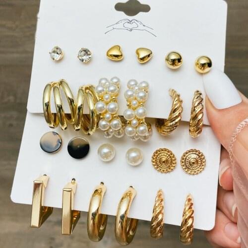 Trendy Metal Pearl Stud Earrings Set For Women Vintage Gold Color Round Square Earrings Set of Earrings Gifts Jewelry