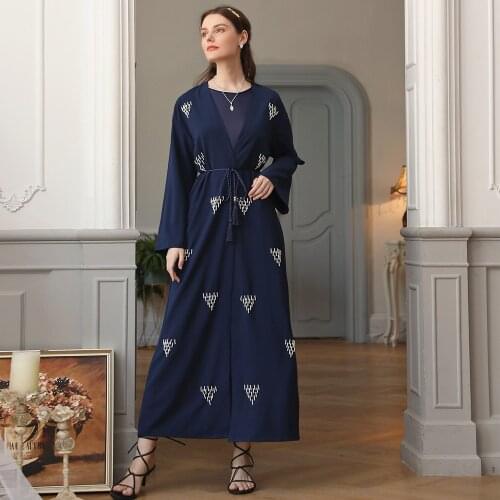 Fridayin Female Fashion Kaftan Dubai Abaya Turkey Hand-Stitched Pearl Navy Blue Muslim Robe Clothing Vestidos