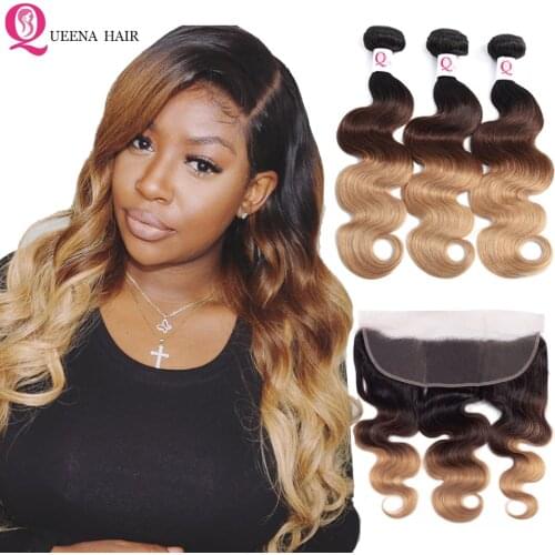 Body Wave Bundles With Frontal Closure 1B/4/27 Ombre Raw Indian Human Hair Bundles With Frontal Closure 3 4 Bundles With Closure