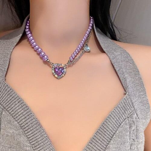 Bling Bling Purple Crystal Love Heart Pendant Necklace for Women Asymmetry Rhinestone Metal Necklace Jewelry Jewlery Charms