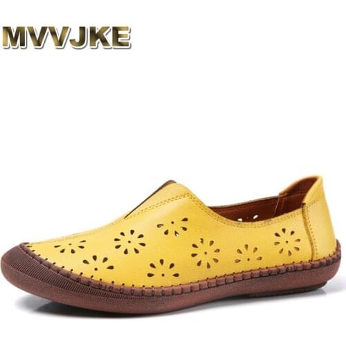 MVVJKE 2020New Plus Size 45 Hollow Genuine Leather Boat Shoes Round Toe Slip On Summer Casual Shoes For Women Flats
