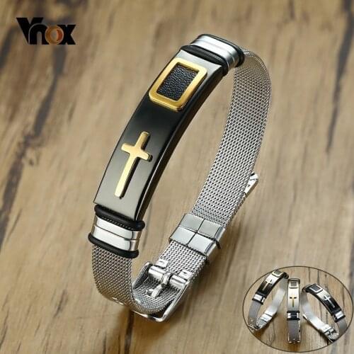 Vnox Mens Cross Prayer Strap Bracelets for Woman Stainless Steel Net Watch Band Male Female Unisex pulsera Size Adjustable