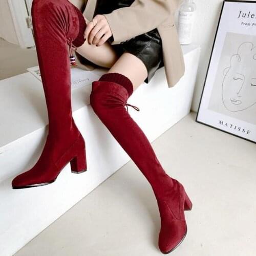 2021 Winter Over The Knee Women Boots Stretch Fabrics High Heel Slip on Shoes Round Toe Woman Long Boots Size 34-43