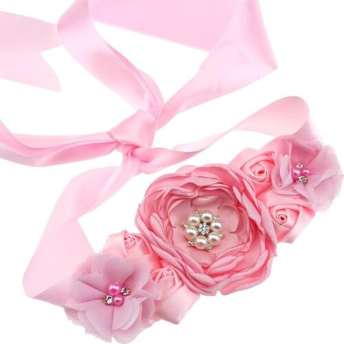 Womens Elegant Satin Flower Sash Handmade Beaded Waistband Bridal Ribbon Cummerbunds Wedding Dress Waist Belt