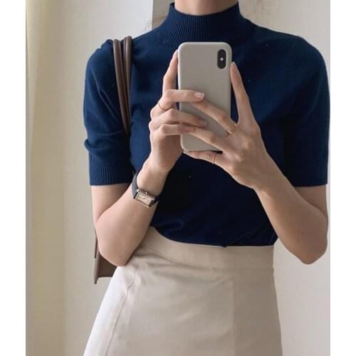 Korean Summer Temperament All-Match Semi-High Round Neck Slim Slimming Solid Color Inner Short-Sleeved Sweater T-Shirt Women