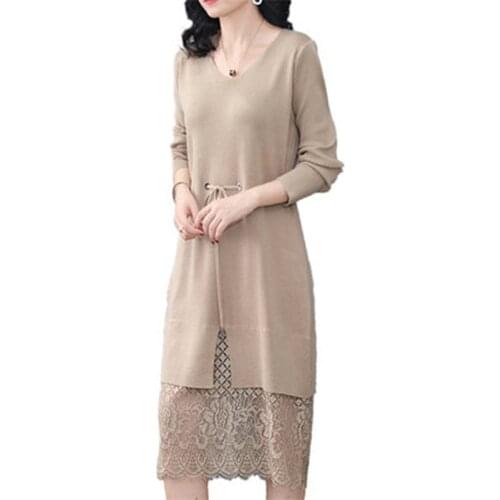 Spring Autumn New Female Knitted Pullover Slim Lace Winter Womens Bottoming Hollow Out V-Neck Lady Long Dress Belt OL Sweater