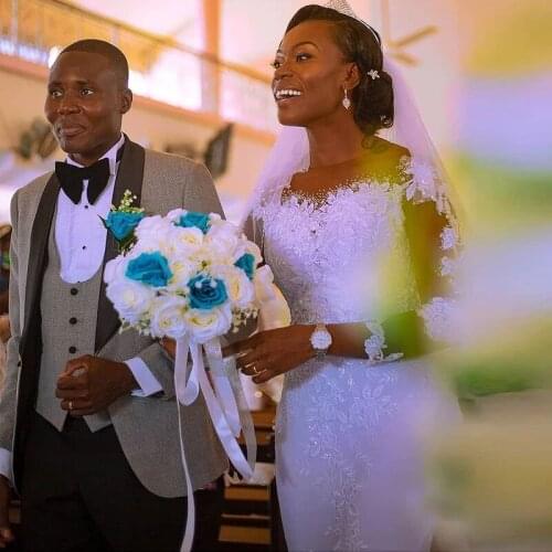 MBBYLE 2022 Vintage Mermaid African Wedding Dresses O Neck Bead Church Bridal Gown Sheer Long Sleeve Vestido De Novia