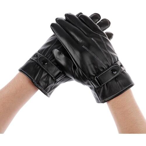 1Pair Mens PU Leather Gloves Winter Warm Mittens Cashmere Outdoor Button Driving Windproof Gloves