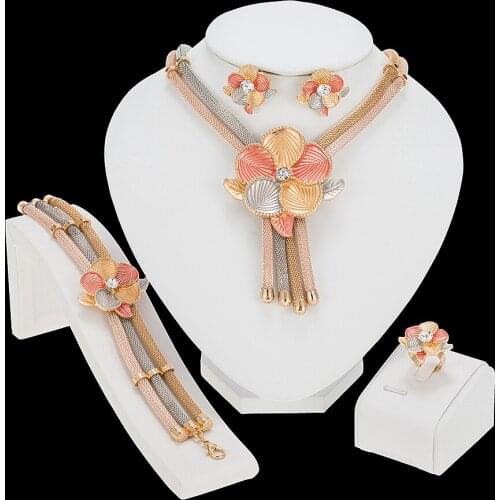 2021 NEW African Dubai Gold color Flower Crystal Jewelry sets for women Bridal party Necklace Earrings Ring Bracelet gifts Set