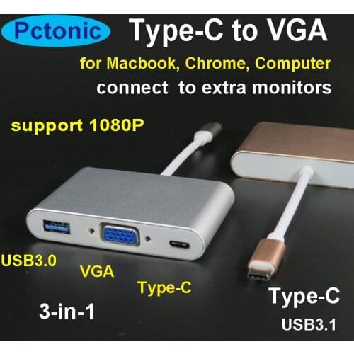 PCTONIC USB type-C to VGA Adapter 3 in 1 USB3.1 Hub Charging extra additional monitors For Mobile phone MacBook type C devices