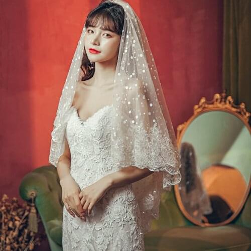 Sequins Lace 2 Layers Short Wedding Veil With Comb Cover Face White Ivory Bridal Veil With Blusher Wedding Accessories