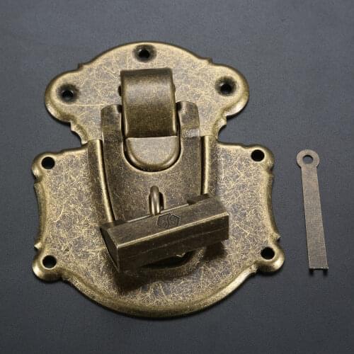 Big Latch Hasp Buckle + Padlock&Key Old Chinese Character Heavy Solid Wood Jewelry Wine Case Carved Antique Bronze Vintage Old