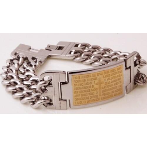23MM New Arrive Stainless Steel Silver Color 2 Rows Cuban Curb Chain Gold Cross Bible Mens Unisexs Bracelet Bangle 9" Gifts