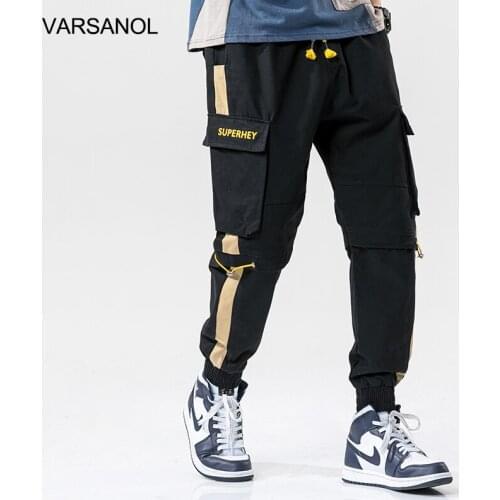 Varsanol Fashion Streetwear Pants Men Cotton Joggers Harem Pants for Men Black Hip Hop Cargo Pants Letter Printed Big Pockets