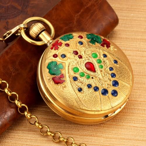 Beautiful Flowers Large Pocket Watch Double Open Shell Men Automatic Mechanical Golden Digital Dial Portable Necklace Clock Lady
