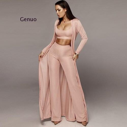 Women Knitted 3 Piece Set Spaghetti Strap Crop Top High Waist Pant Long Sleeve Cardigan Overcoat Suits Belt Autumn Streetwear