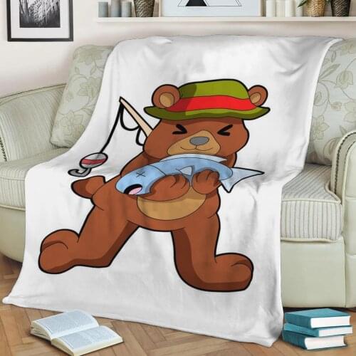 Bear Fishing Fish Flannel Throw Blanket 3D Printed Keep Warm Sofa Child Blanket Home Decor Textiles Dream Family Gift