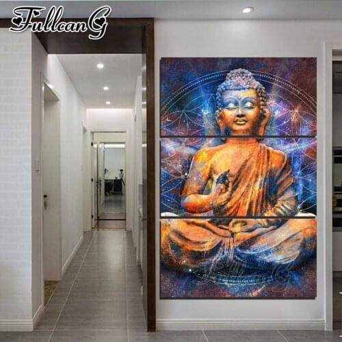 FULLCANG 5d diy diamond embroidery religious Buddha Icon diamond painting triptych full square round drill home decor FC3280