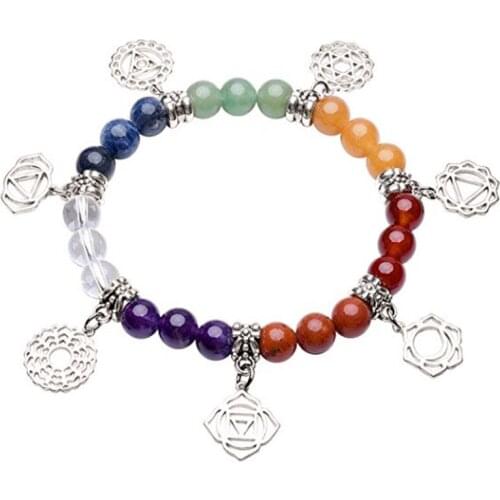 FYJS Unique Silver Plated Yoga Connect Colorful Stones 8 mm Round Beads Bracelet Healing Balancing Chakra Jewelry