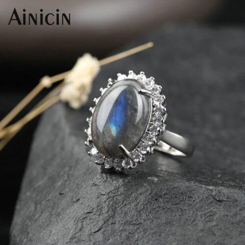 Natural Labradorite Shine 13x18mm Cabochons with Rhinestone Crystal Setting Fashion Women Finger Rings Birthday Gift