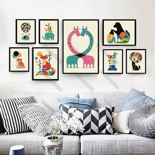 Various Cartoon Animals Dog Cat Fox Elephant Giraffe Picture Modern Style Canvas Painting Poster for Nursery Rooms Wall Decorati