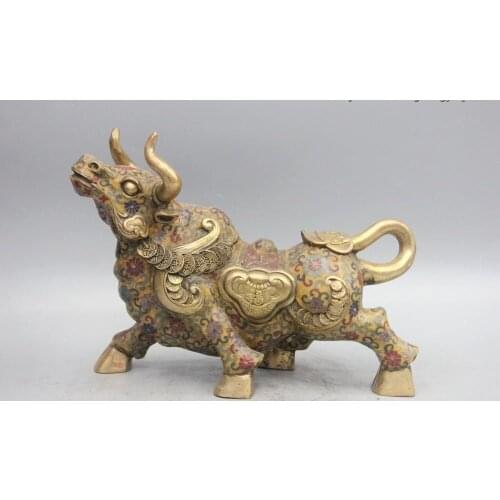 Chinese Fengshui Bronze Cloisonne Enamel Lucky wealth Ruyi OX Oxen Bull Statue