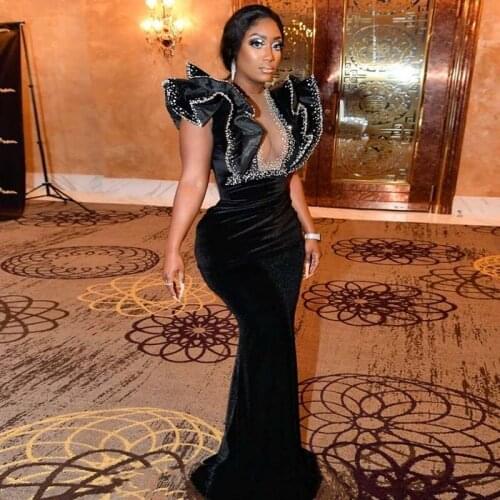 Short Velvet Prom Dress Beaded Ruffle Sleeves Real Picture African Black Girl Party Dresses 2021