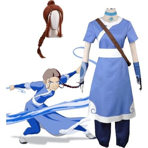 Katara The Last Airbender Anime Cosplay Costume For Women Adult Halloween Outfit Blue Dress Hanfu Carnival Clothes Wig