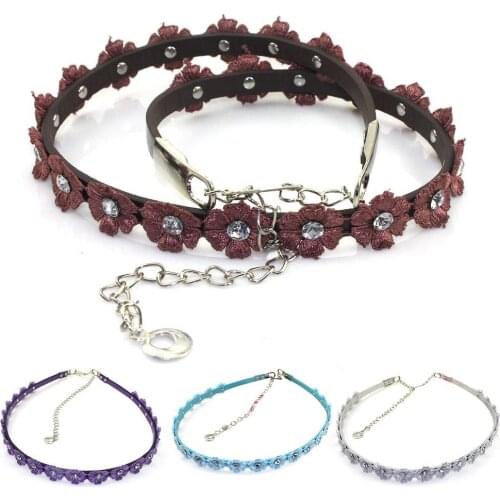 Fashion Women Faux Leather Flowers Rhinestone Inlaid Dress Waist Belt Waistband Dress Decoration Belts Bohemian Slim Belt