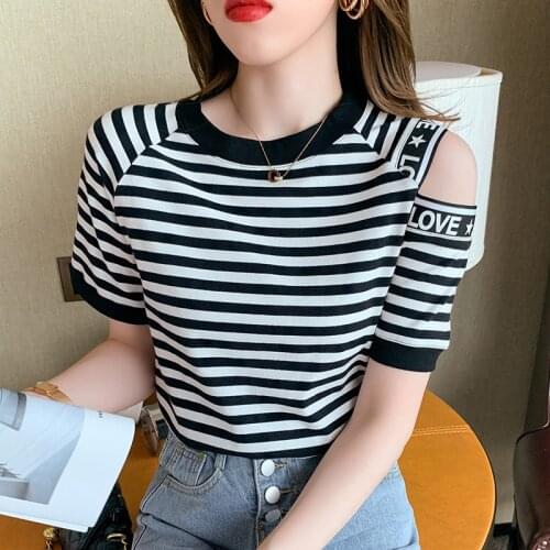 Fashion New Off shoulder Tops Women Casual stripe Short Sleeve Tees Summer cuff Splicing Woman T-shirt women fashion clothing