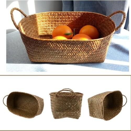 S/M/L Natural Woven Storage Basket with Handles Fruit Picnic Food Sundries Organizer Handmade Straw Flower Pot Rattan Plant Box