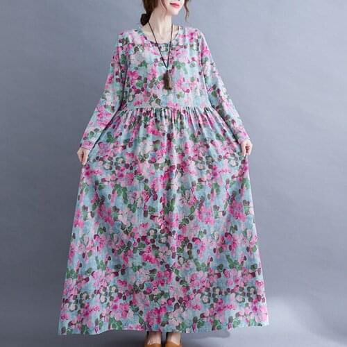 Autumn Dress 2021 New Arrival Print Floral Vintage Women Dress Office Lady OL Work Dress Plus Size Loose Long Maxi Casual Dress