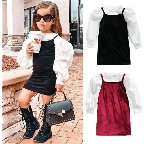 Girl’s Dress Two Pieces Clothes Suit Fashion Solid Color Puff Sleeve Tops Suspender Dress Casual Baby Girl Clothes 1-6Y