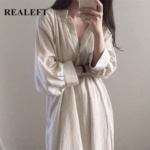 REALEFT Spring Summer 2021 New Cotton and Linen Oversize Women Long Dresses Casual Loose Fashionable Vintage Female Shirts Dress