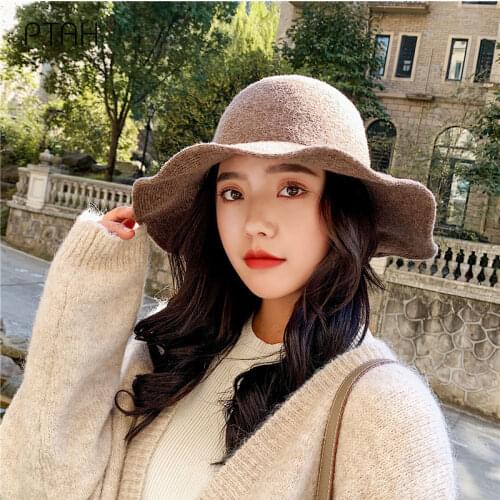 [PTAH] Autumn Winter Hats For Women Knitted Woolen Hat Girls Female Brim Bow Caps Warmer Bonnet Ladies Casual Cap 2021 New Hats