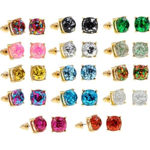 Rainbow Square Glitter Sequin Stud Earrings Fashion Gold Color Luxury Designer Jewelry Women Wedding Party Gift