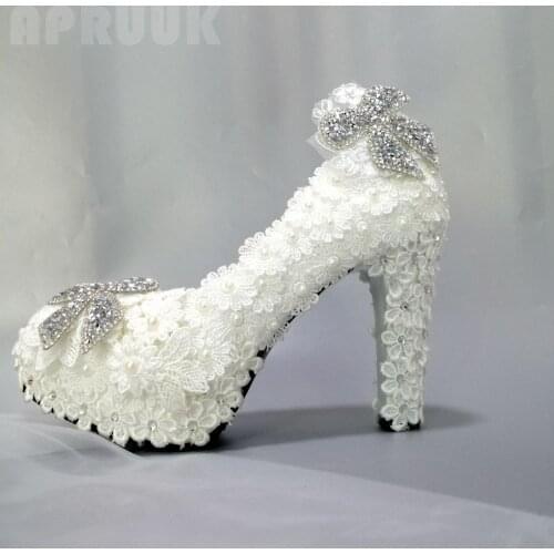 11CM super high heels white lace wedding shoes bride handmade luxury crystal bow sweet bridal party dress proms pumps plus size