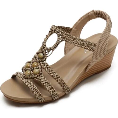Womens Wedge Heel Sandals Womens Summer Travel Holiday Sandals Womens Retro Weaving Beaded Roman Shoes