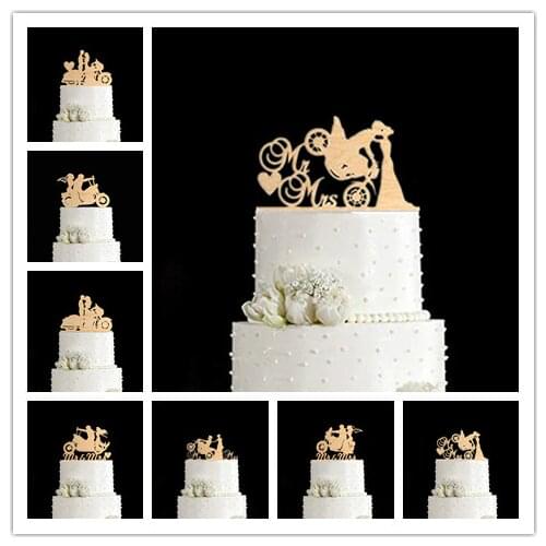Funny Style Rustic Wood Motorcycle Cake Topper Acrylic Wedding Cake Topper with Bride and Groom Wedding Decoration Mixed